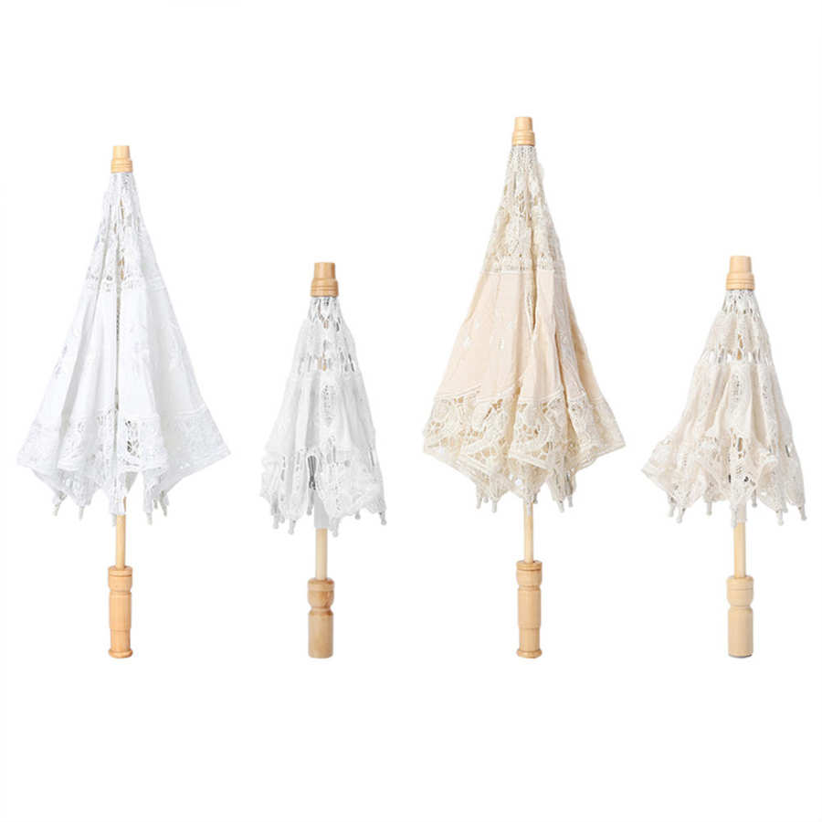 Photography Umbrella - ในสต็อก Handmade ลูกไม้ผ้าไหมผ้าลูกไม้ดอกไม้เย็บปักถักร้อย Parasol แต่งงานเจ้าสาวการถ่ายภาพร่มสีเบจสีขาว