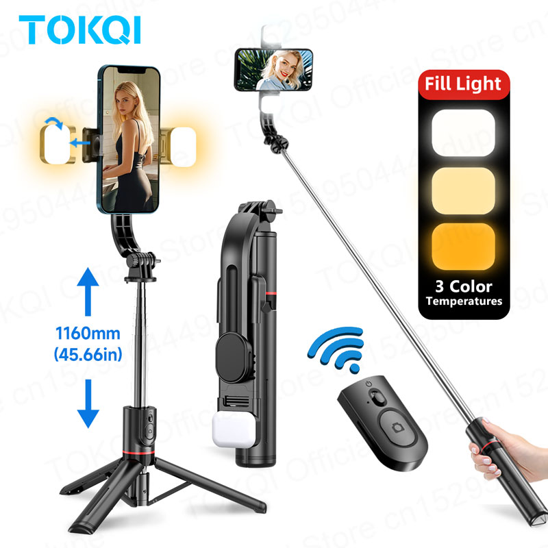 Photography Basics - ไม้เซลฟี่ TOKQI L13d พร้อมขาตั้งกล้องและไฟเติมแบบไร้สายบลูทูธ, ขาตั้งยาว 45.66